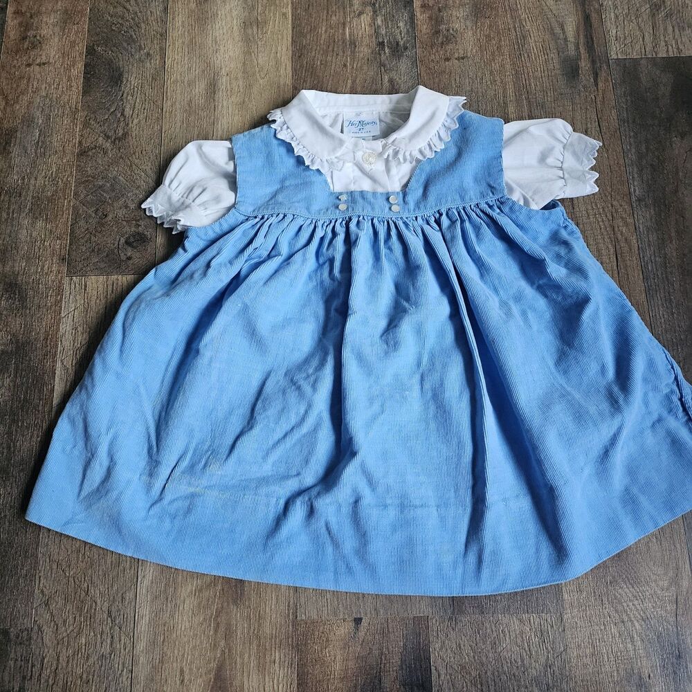 Vintage Her Majesty Dress Set 2T Blue Corduroy Jumper White Ruffle Trim